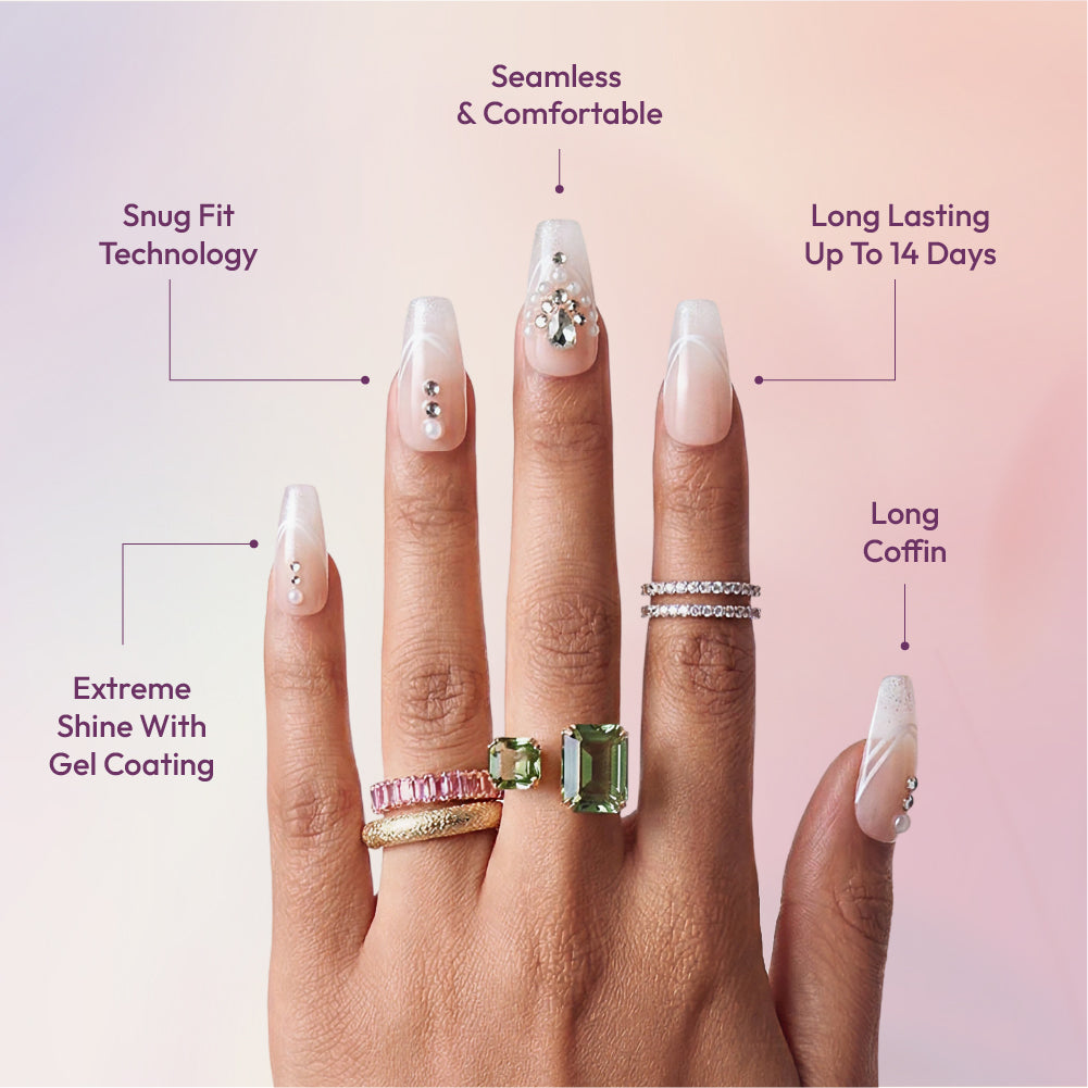 Gold Finger Glitzy 3D Press-On Nails in Amiable – Long Coffin Fake Nails, Pearl & Rhinestone White Swirls, Luxury Glue On Nails, 28 Pc Kit product view.