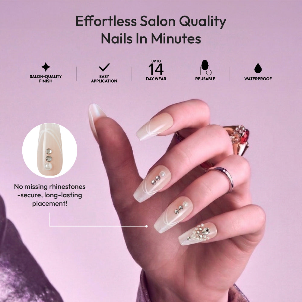 Gold Finger Glitzy 3D Press-On Nails in Amiable – Long Coffin Fake Nails, Pearl & Rhinestone White Swirls, Luxury Glue On Nails, 28 Pc Kit product view.