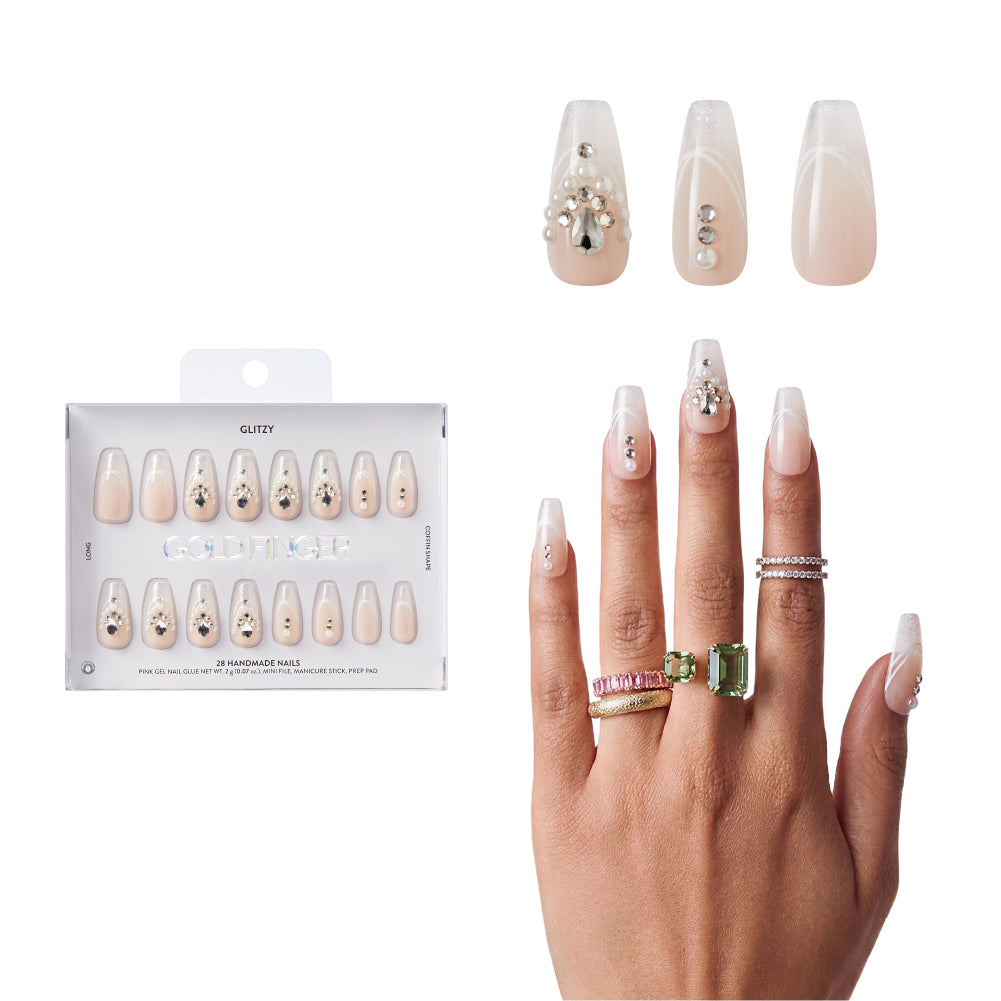 Gold Finger Glitzy 3D Press-On Nails in Amiable – Long Coffin Fake Nails, Pearl & Rhinestone White Swirls, Luxury Glue On Nails, 28 Pc Kit, main product view.
