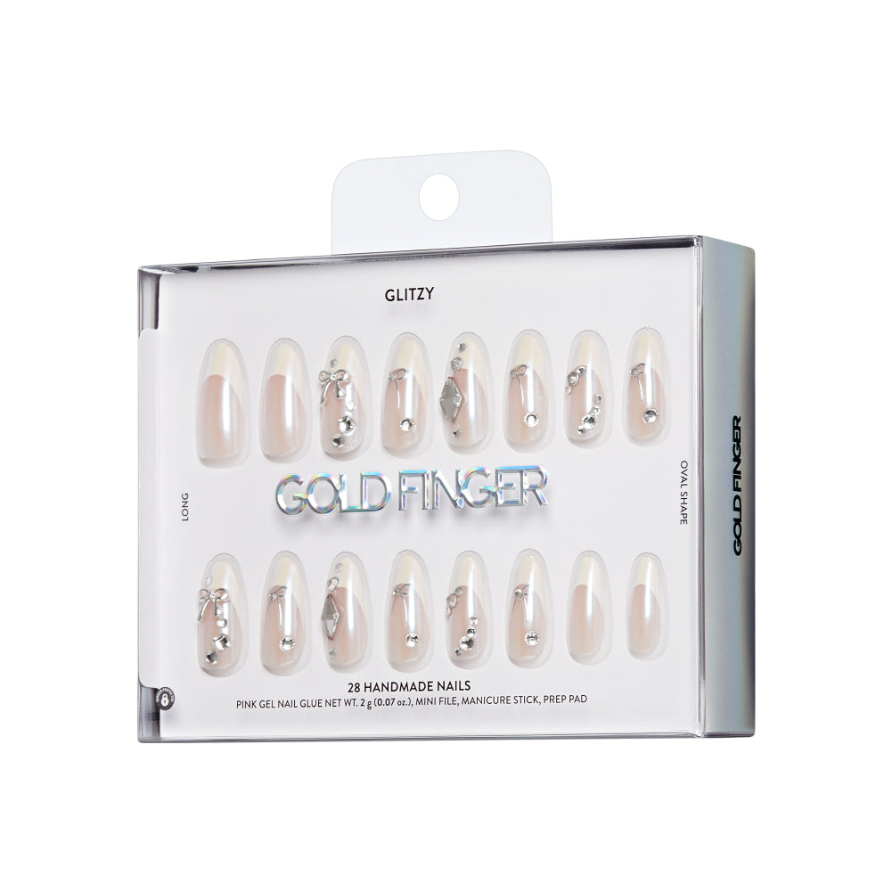 Gold Finger Glitzy 3D Press-On Nails in Regency – Long Oval Fake Nails, Pearlescent with Silver Bows & Rhinestones, Luxury Glue On Nails, 28 Pc Kit product view.