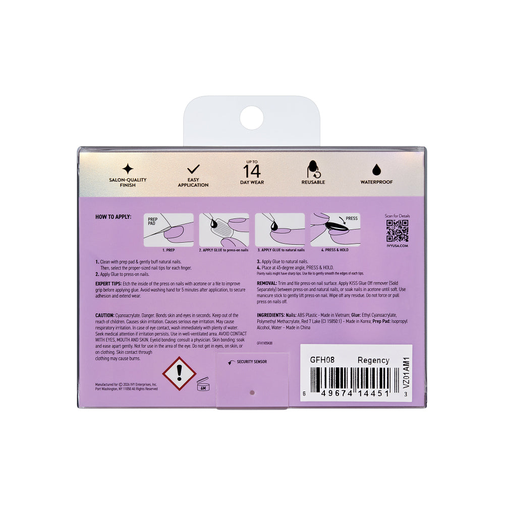 Gold Finger Glitzy 3D Press-On Nails in Regency – Long Oval Fake Nails, Pearlescent with Silver Bows & Rhinestones, Luxury Glue On Nails, 28 Pc Kit, package back.