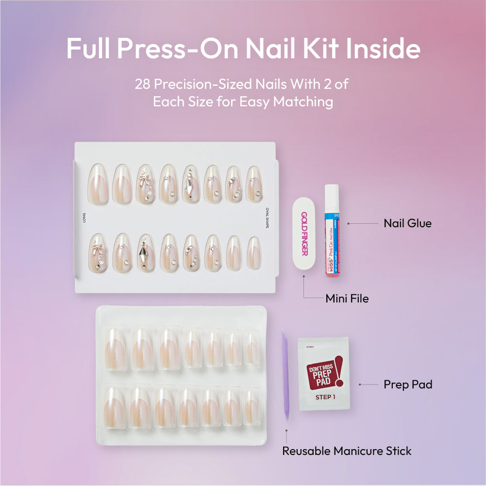 Gold Finger Glitzy 3D Press-On Nails in Regency – Long Oval Fake Nails, Pearlescent with Silver Bows & Rhinestones, Luxury Glue On Nails, 28 Pc Kit product view.