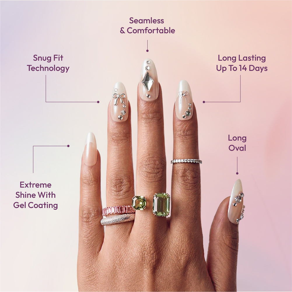 Gold Finger Glitzy 3D Press-On Nails in Regency – Long Oval Fake Nails, Pearlescent with Silver Bows & Rhinestones, Luxury Glue On Nails, 28 Pc Kit product view.
