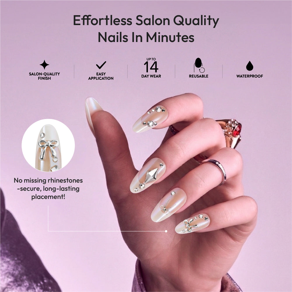 Gold Finger Glitzy 3D Press-On Nails in Regency – Long Oval Fake Nails, Pearlescent with Silver Bows & Rhinestones, Luxury Glue On Nails, 28 Pc Kit product view.