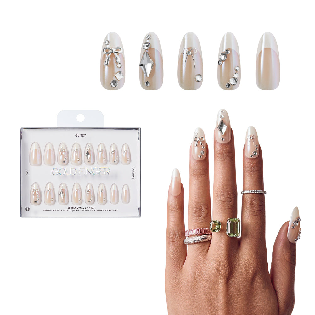 Gold Finger Glitzy 3D Press-On Nails in Regency – Long Oval Fake Nails, Pearlescent with Silver Bows & Rhinestones, Luxury Glue On Nails, 28 Pc Kit, main product view.