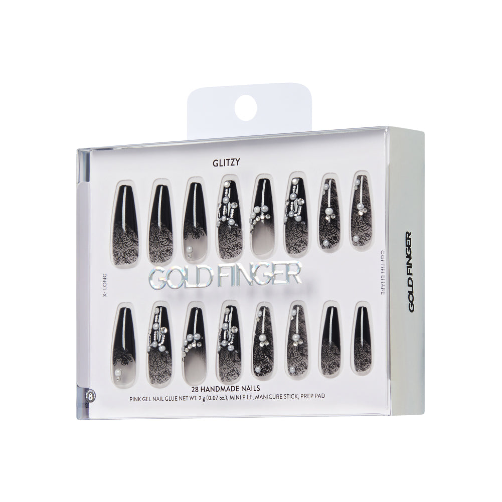 Gold Finger Glitzy 3D Press-On Nails in Boss Lady – X-Long Coffin Fake Nails, Black Lace with Pearls & Rhinestones, Luxury Glue On Nails, 28 Pc Kit product view.