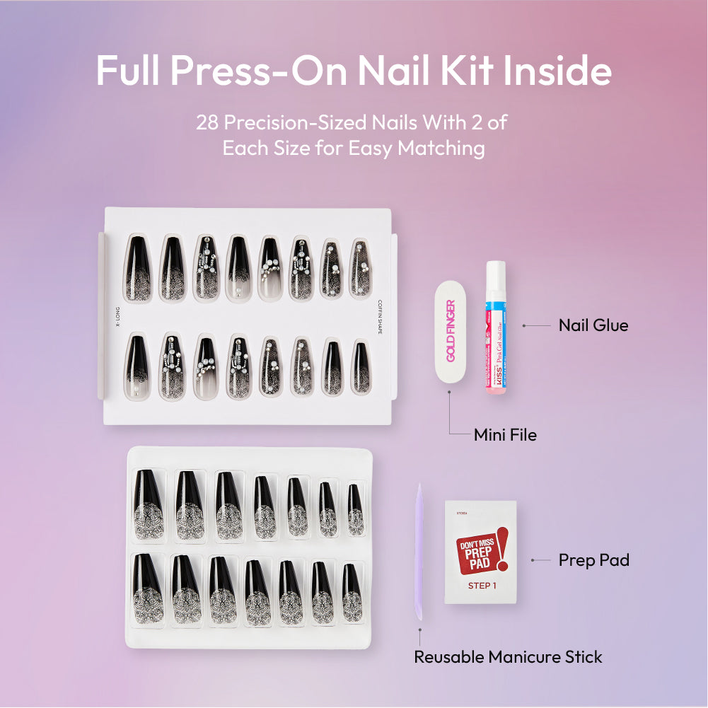 Gold Finger Glitzy 3D Press-On Nails in Boss Lady – X-Long Coffin Fake Nails, Black Lace with Pearls & Rhinestones, Luxury Glue On Nails, 28 Pc Kit product view.