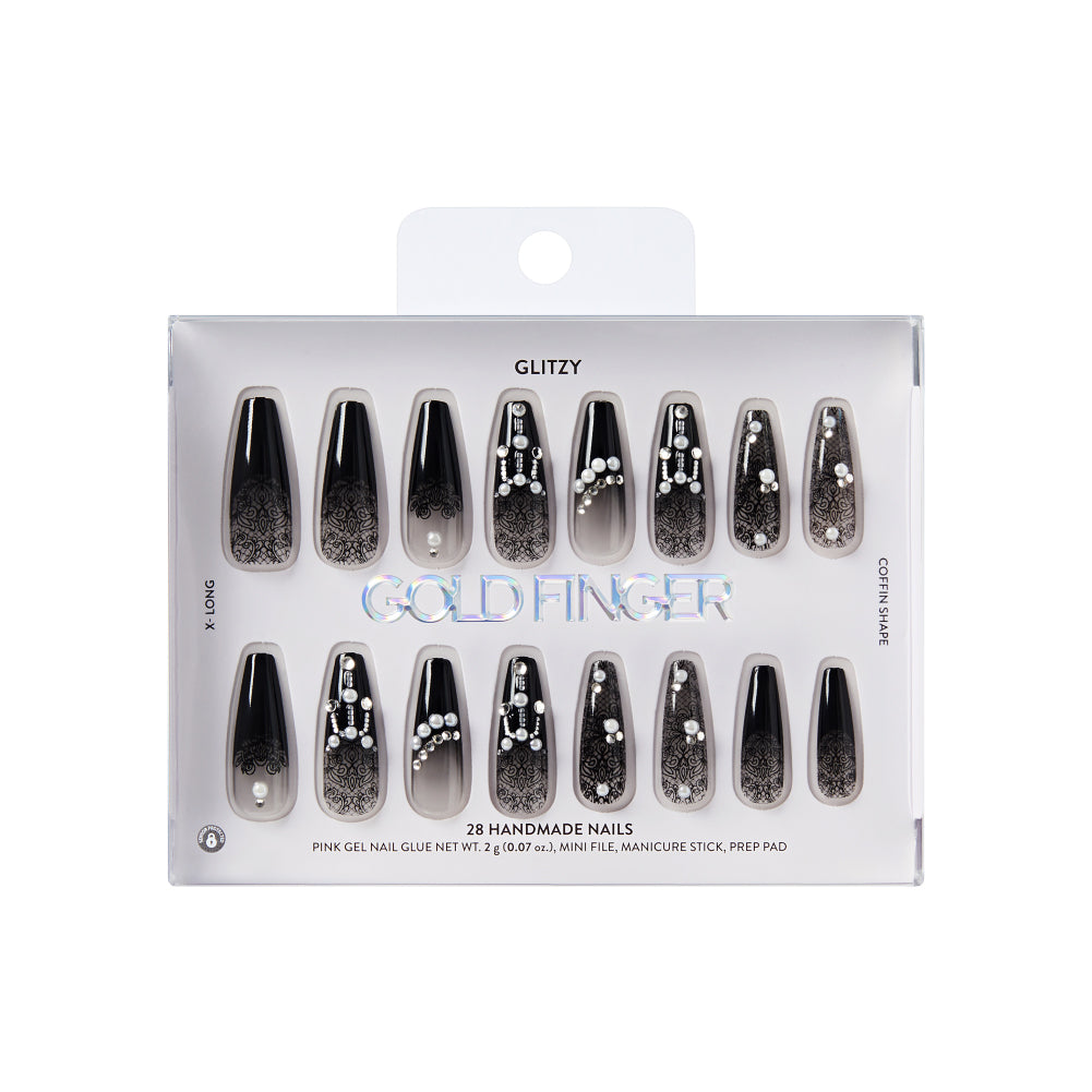Gold Finger Glitzy 3D Press-On Nails in Boss Lady – X-Long Coffin Fake Nails, Black Lace with Pearls & Rhinestones, Luxury Glue On Nails, 28 Pc Kit, package front.