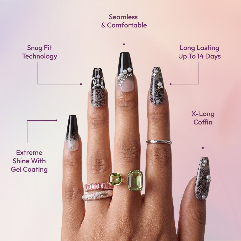 Gold Finger Glitzy 3D Press-On Nails in Boss Lady – X-Long Coffin Fake Nails, Black Lace with Pearls & Rhinestones, Luxury Glue On Nails, 28 Pc Kit product view.