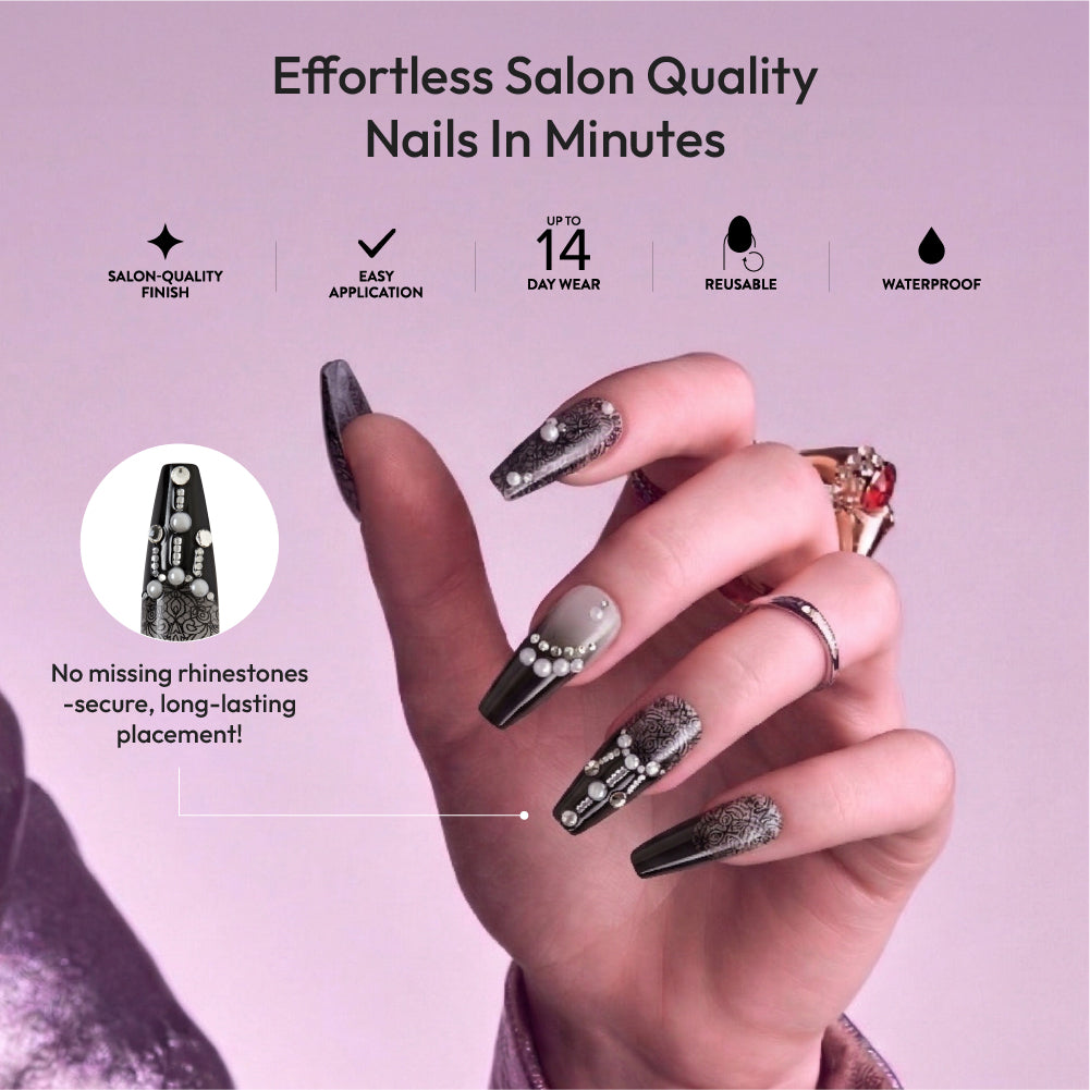 Gold Finger Glitzy 3D Press-On Nails in Boss Lady – X-Long Coffin Fake Nails, Black Lace with Pearls & Rhinestones, Luxury Glue On Nails, 28 Pc Kit product view.