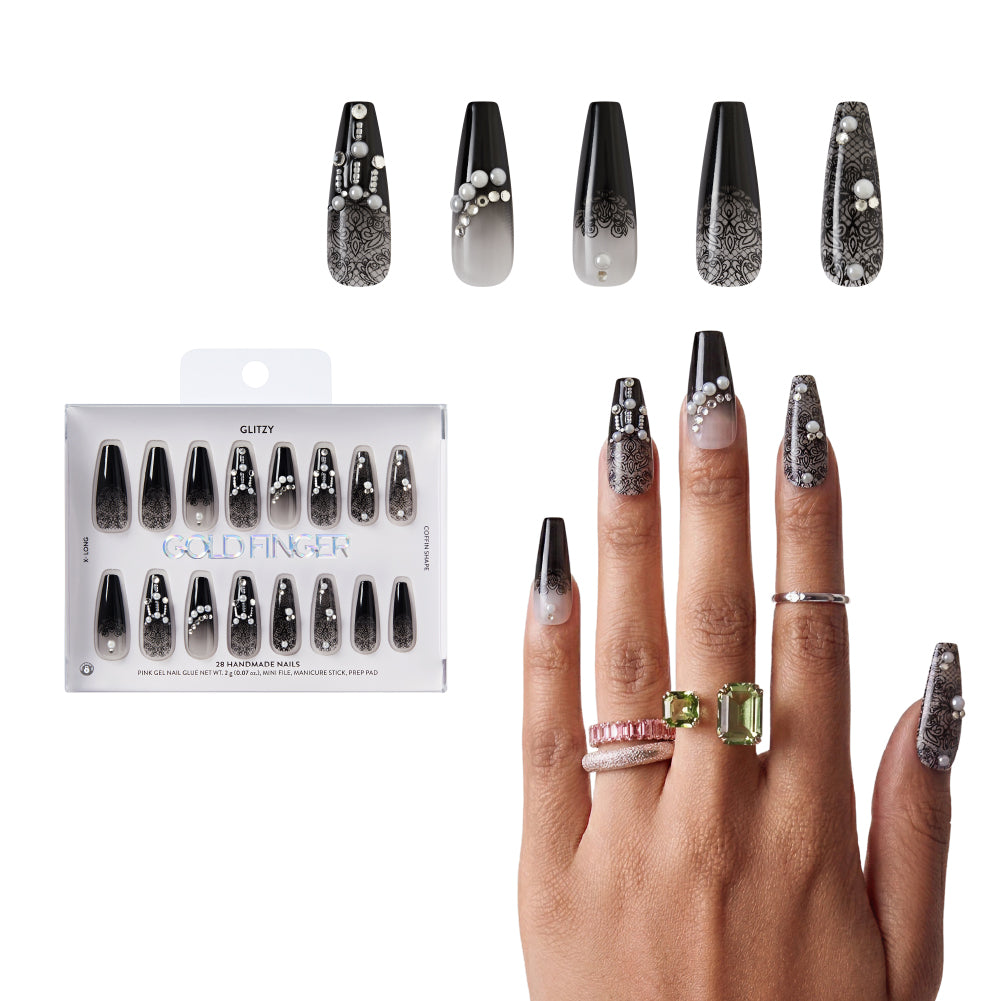 Gold Finger Glitzy 3D Press-On Nails in Boss Lady – X-Long Coffin Fake Nails, Black Lace with Pearls & Rhinestones, Luxury Glue On Nails, 28 Pc Kit, main product view.
