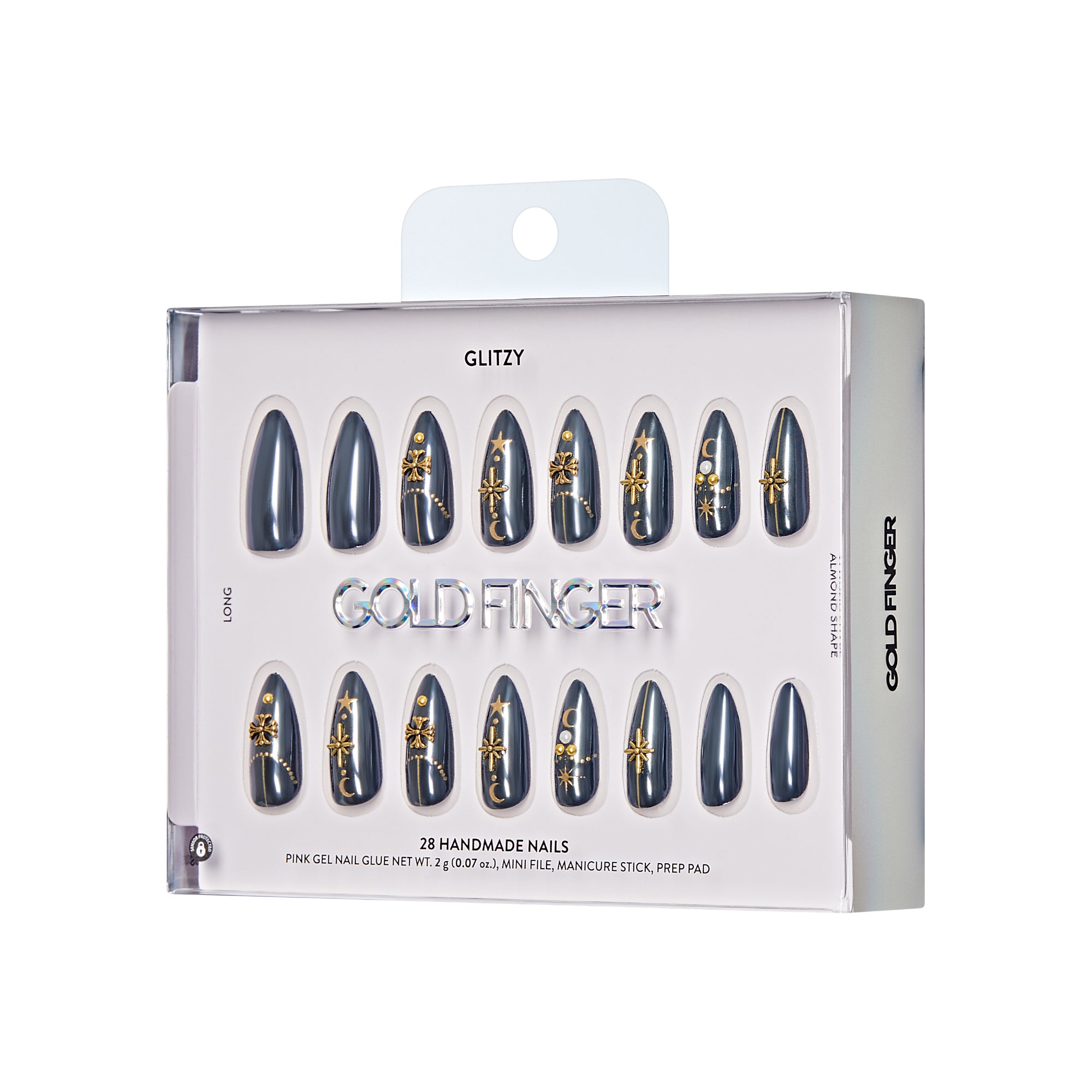 Glitzy 3D Handmade Press-On Nails – Black & Gold Celestial (Long Almond)