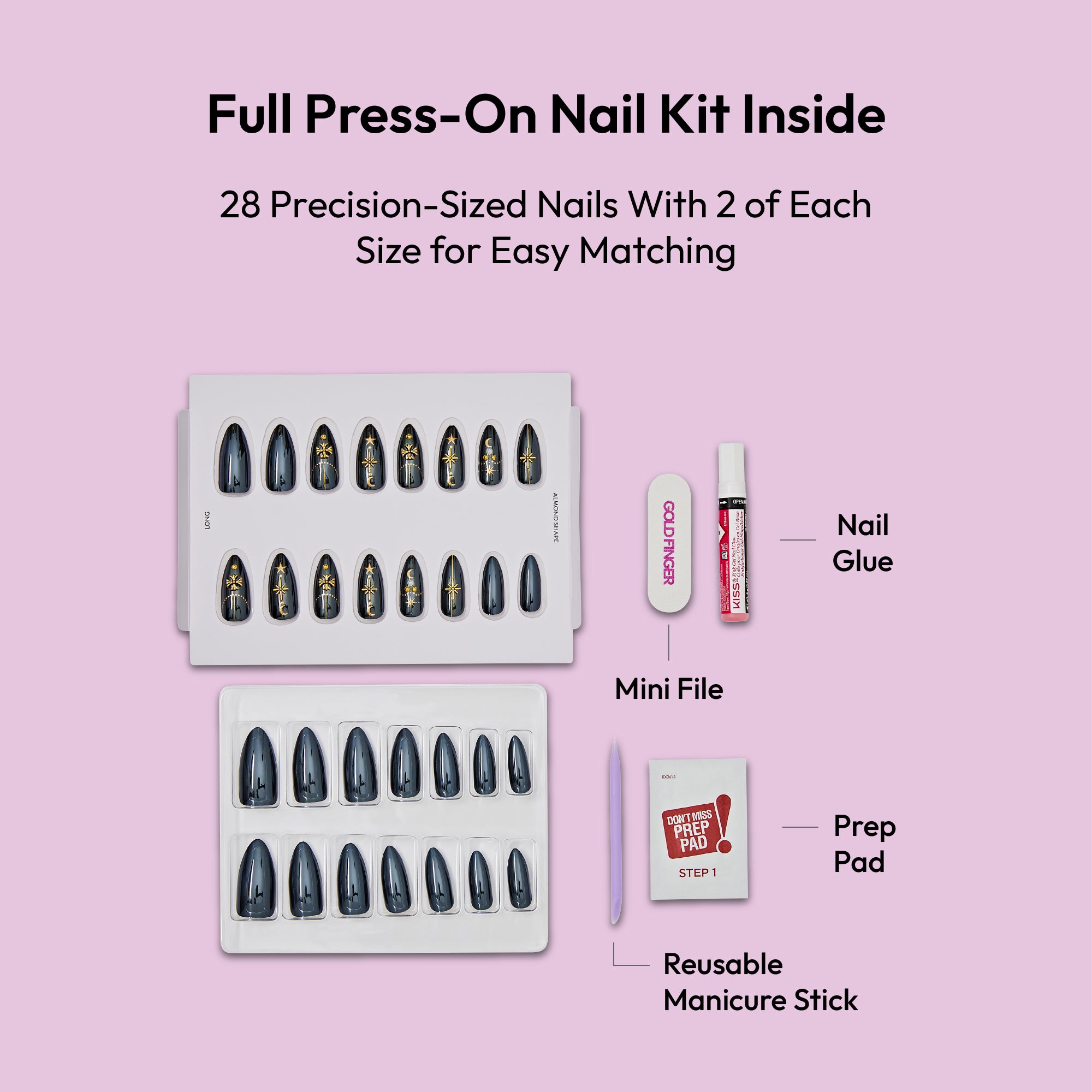 Glitzy 3D Handmade Press-On Nails – Black & Gold Celestial (Long Almond)