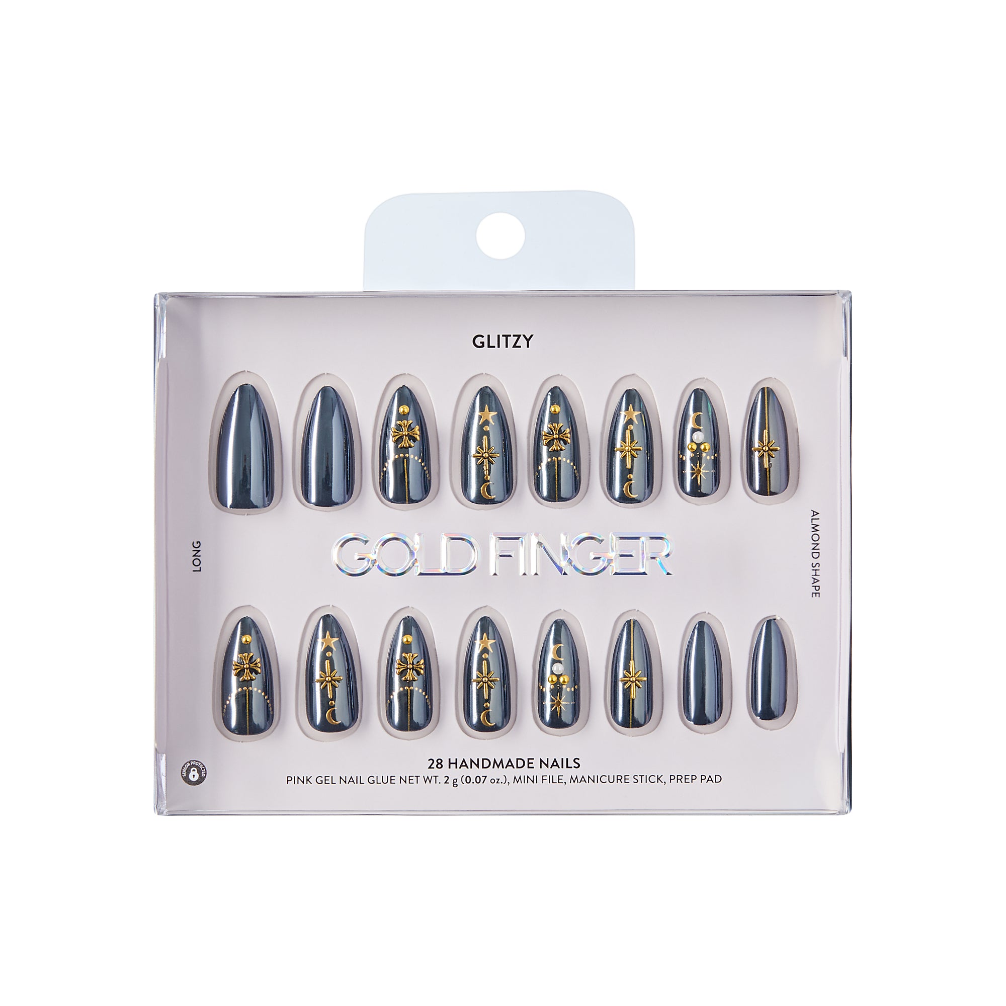 Glitzy 3D Handmade Press-On Nails – Black & Gold Celestial (Long Almond)