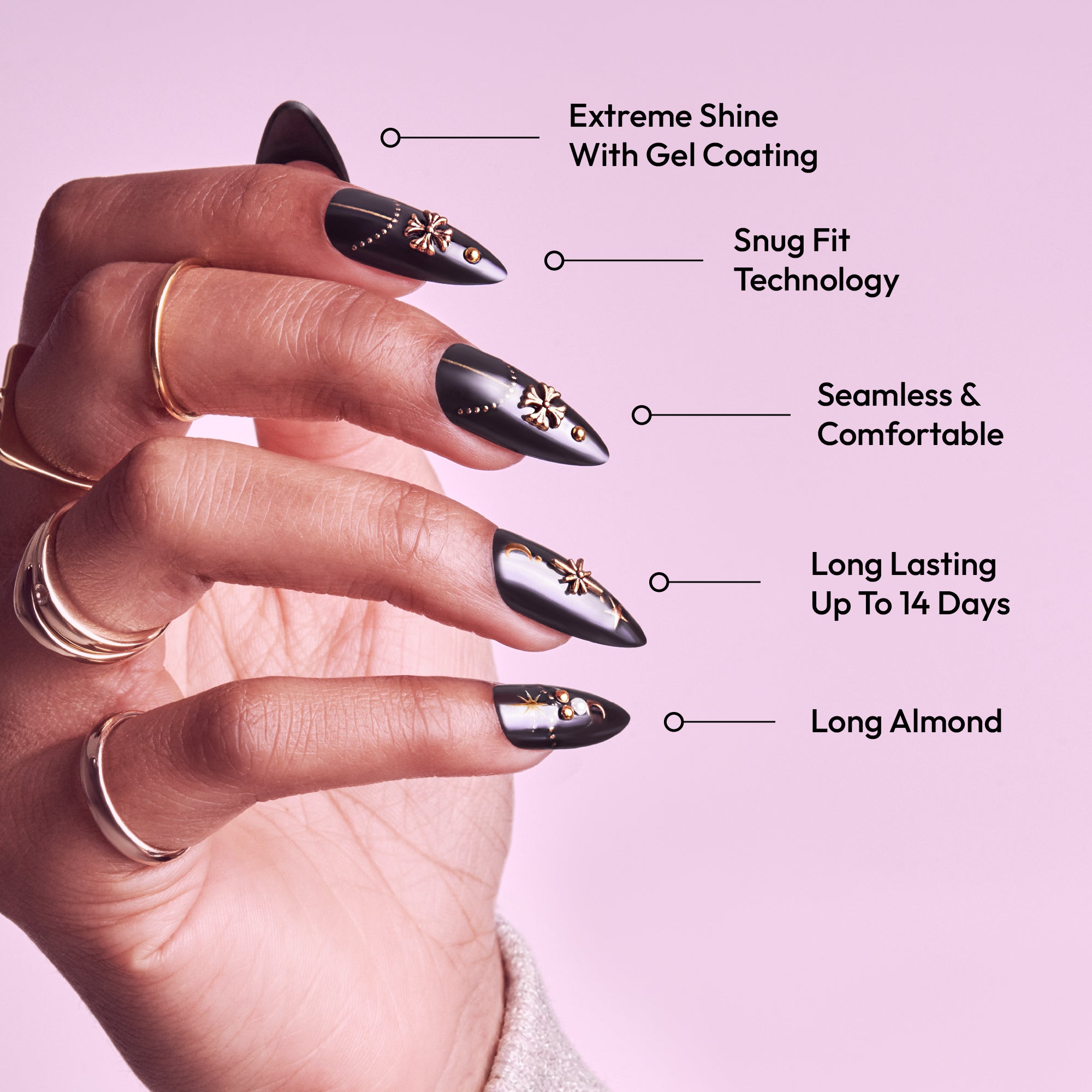 Glitzy 3D Handmade Press-On Nails – Black & Gold Celestial (Long Almond)