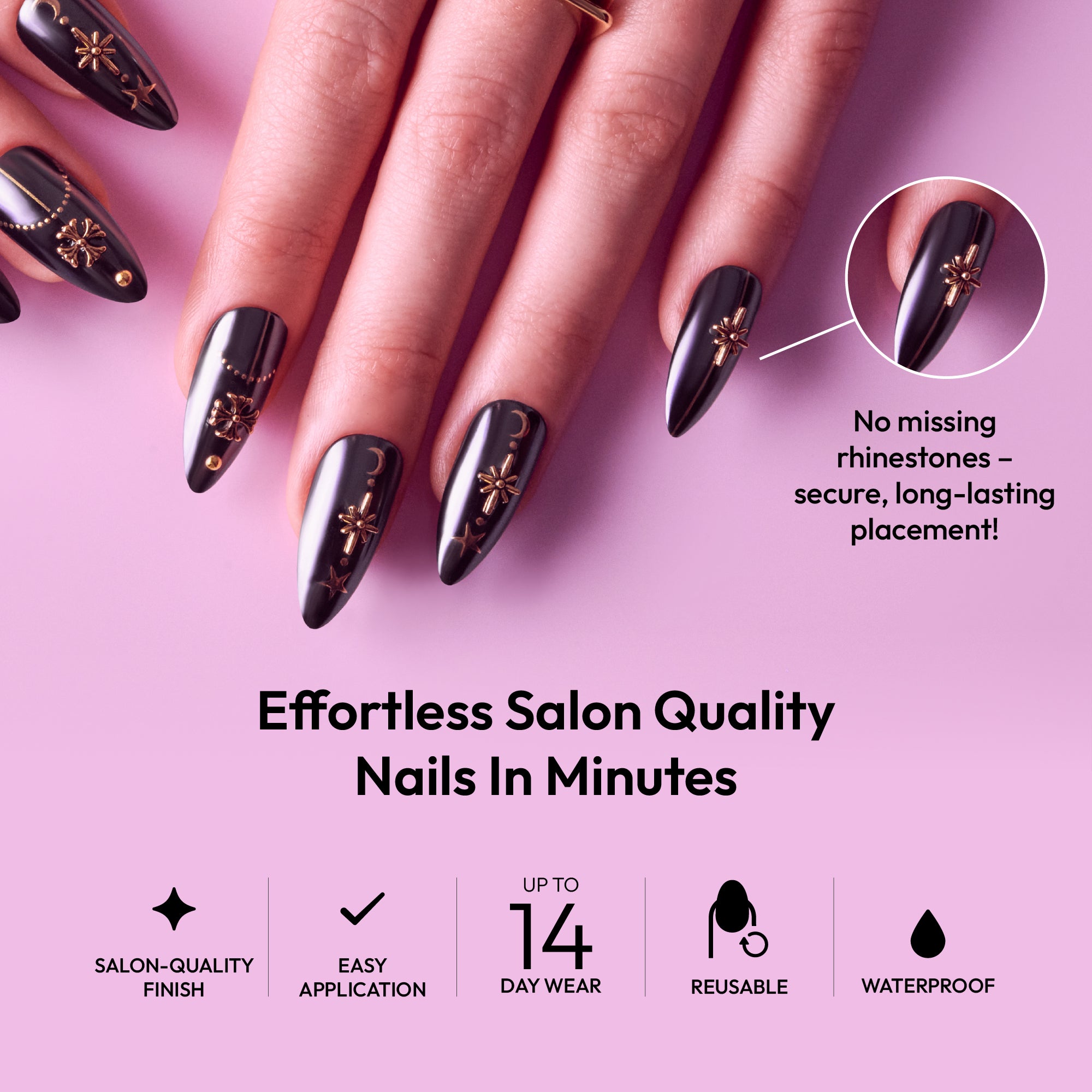 Glitzy 3D Handmade Press-On Nails – Black & Gold Celestial (Long Almond)