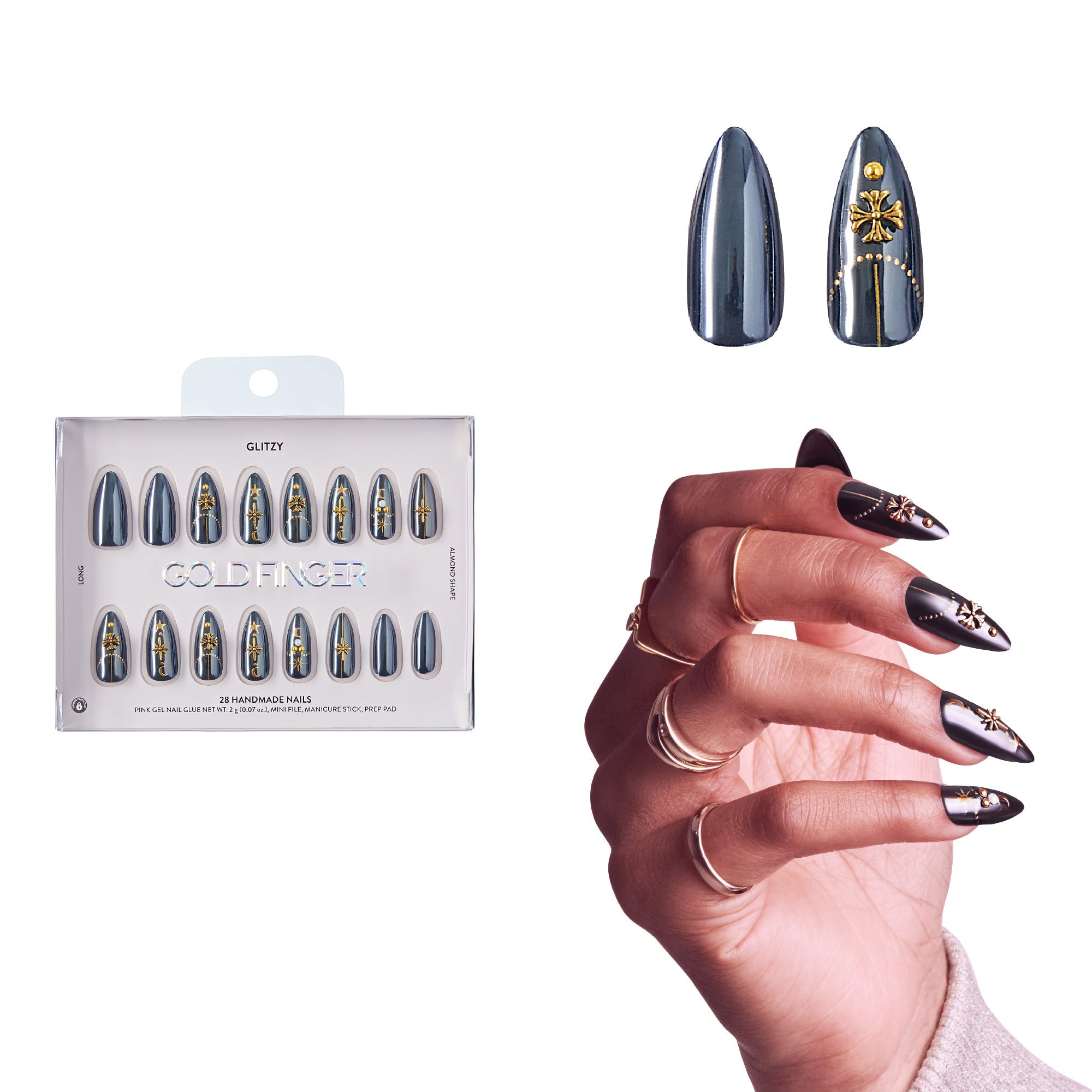 Glitzy 3D Handmade Press-On Nails – Black & Gold Celestial (Long Almond)