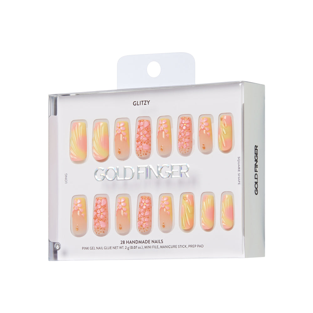 Gold Finger Glitzy 3D Press-On Nails in Very Refined – Long Square Fake Nails, Pastel Ombre & 3D Pink Flowers, Luxury Glue On Nails, 28 Pc Kit product view.