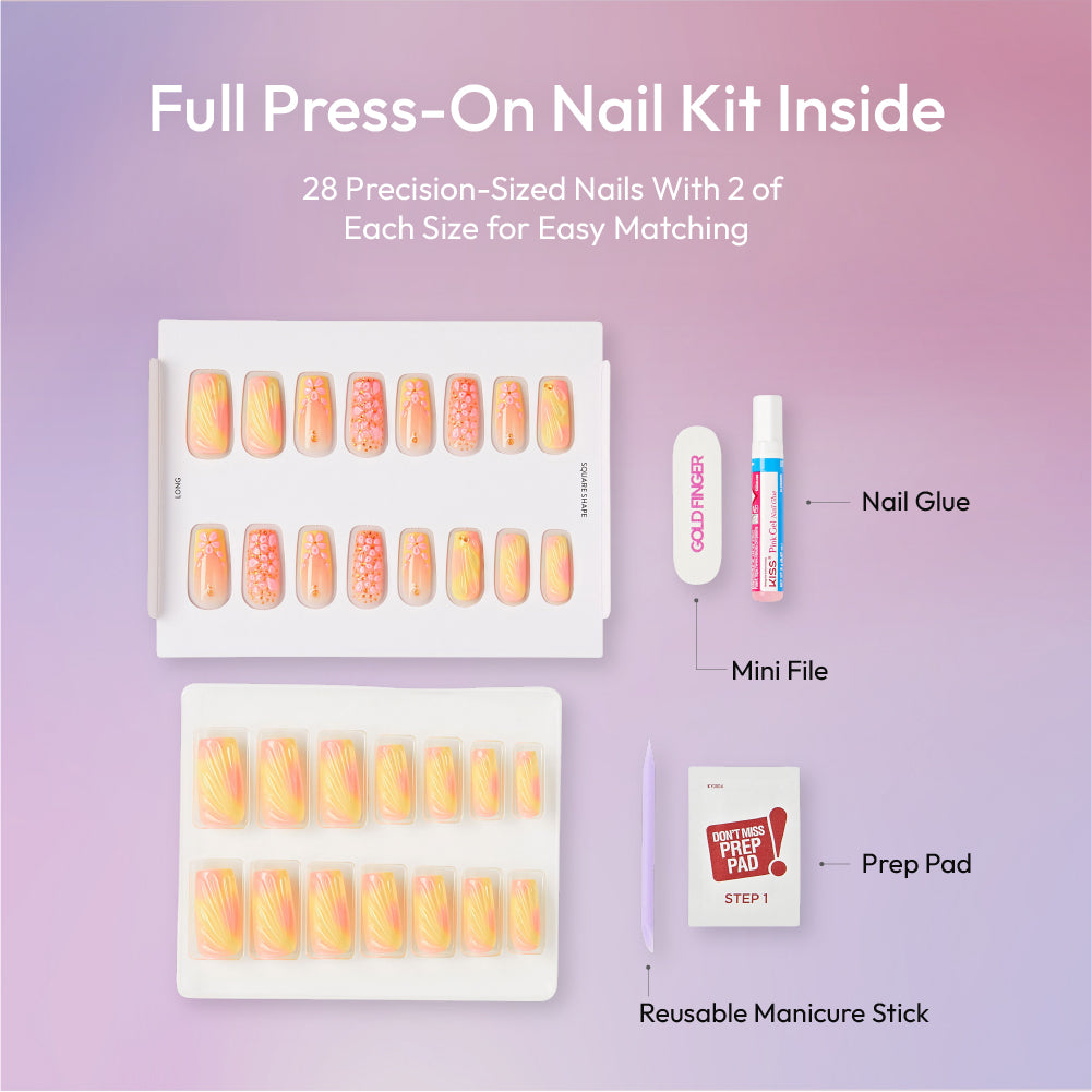 Gold Finger Glitzy 3D Press-On Nails in Very Refined – Long Square Fake Nails, Pastel Ombre & 3D Pink Flowers, Luxury Glue On Nails, 28 Pc Kit product view.