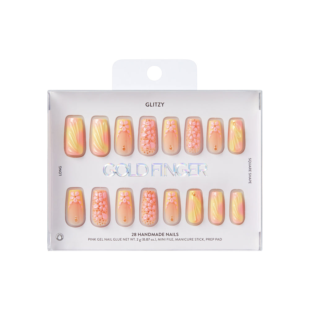 Gold Finger Glitzy 3D Press-On Nails in Very Refined – Long Square Fake Nails, Pastel Ombre & 3D Pink Flowers, Luxury Glue On Nails, 28 Pc Kit, package front.