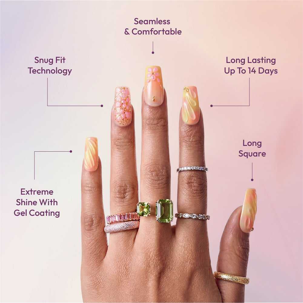 Gold Finger Glitzy 3D Press-On Nails in Very Refined – Long Square Fake Nails, Pastel Ombre & 3D Pink Flowers, Luxury Glue On Nails, 28 Pc Kit product view.