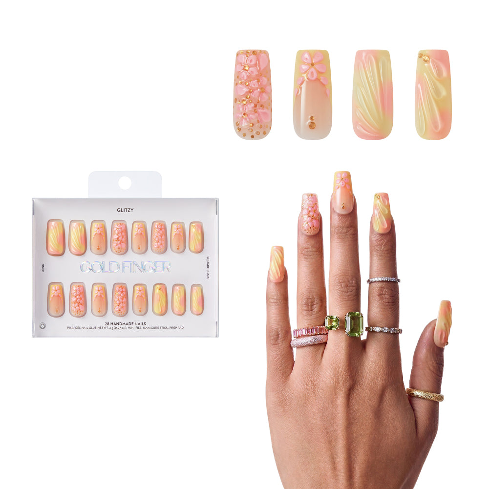 Gold Finger Glitzy 3D Press-On Nails in Very Refined – Long Square Fake Nails, Pastel Ombre & 3D Pink Flowers, Luxury Glue On Nails, 28 Pc Kit, main product view.