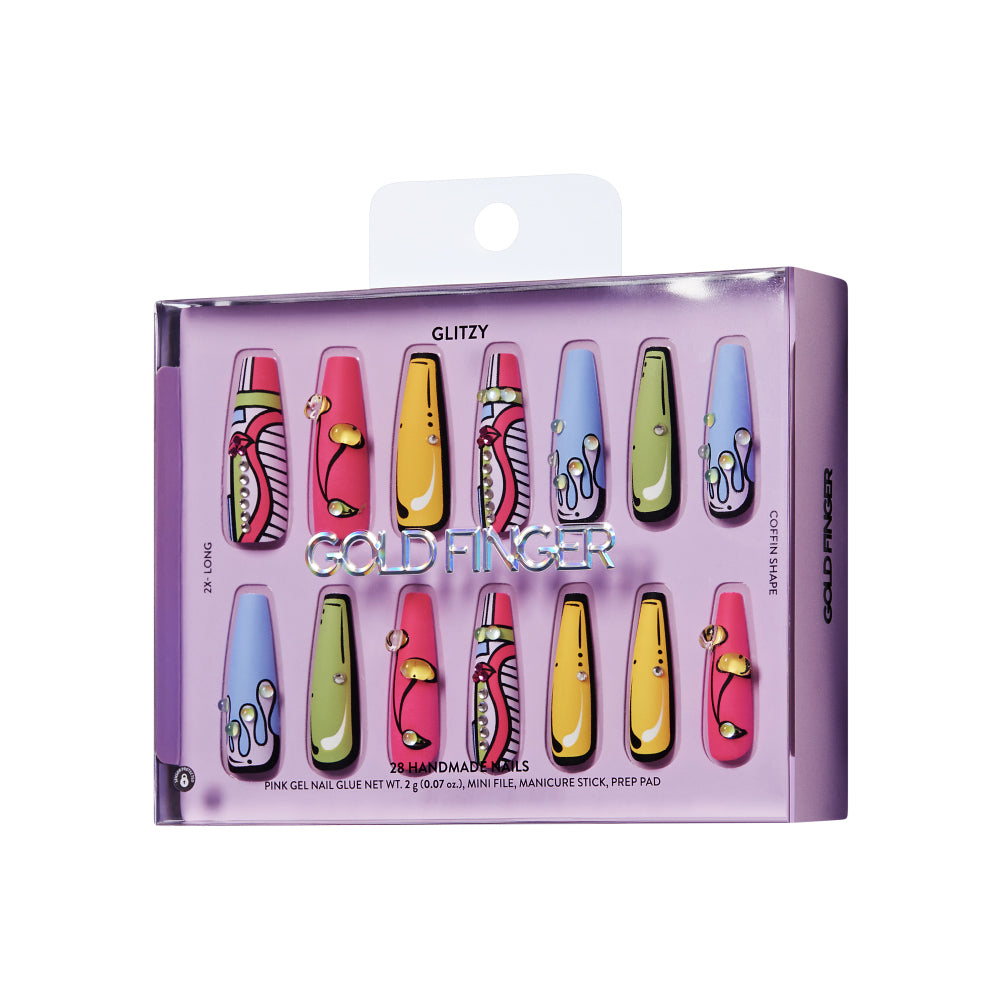 Gold Finger Glitzy 3D Press-On Nails in Countenance – 2X-Long Coffin Fake Nails, Pop Art Comic Design with Rhinestones, Luxury Glue On Nails, 28 Pc Kit product view.