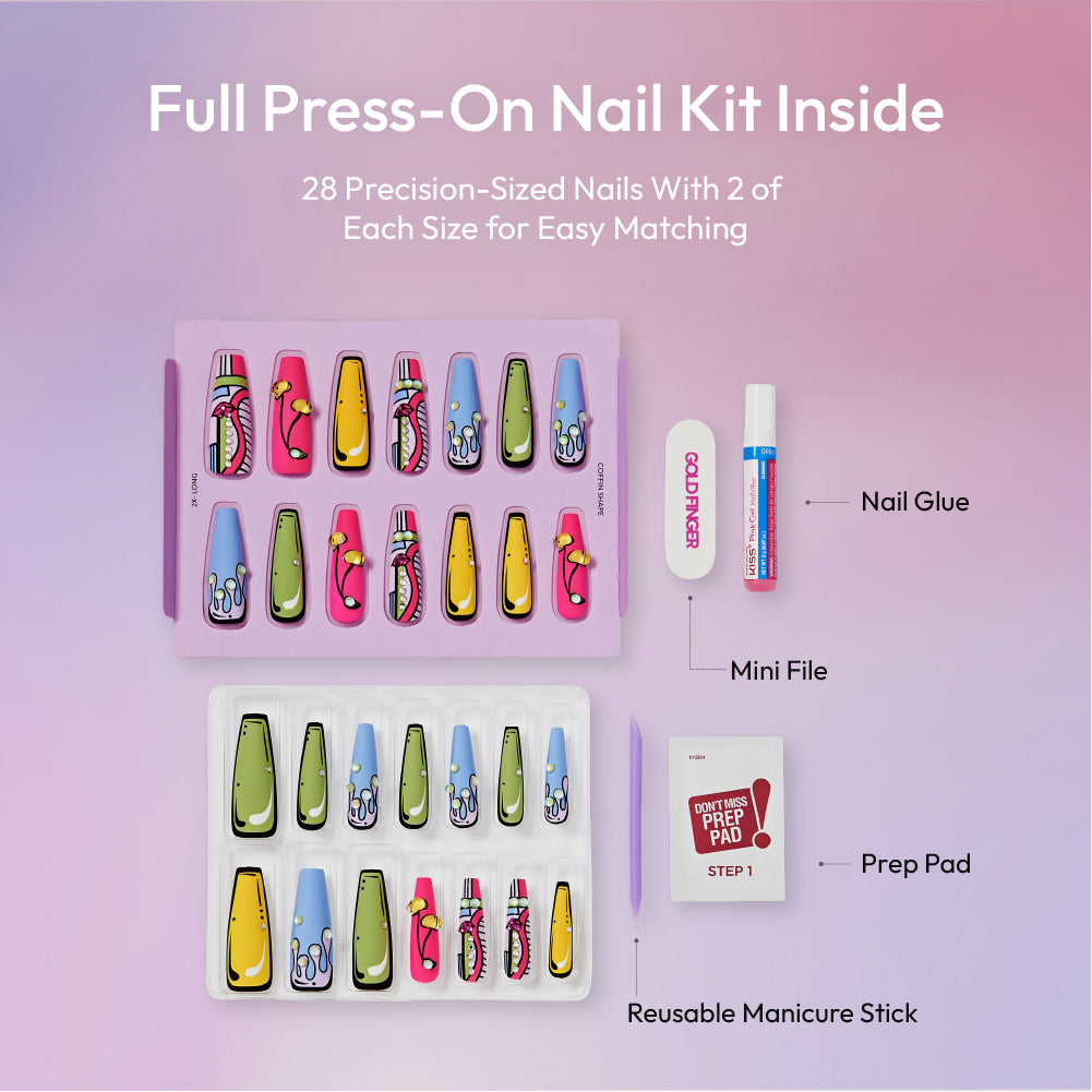 Gold Finger Glitzy 3D Press-On Nails in Countenance – 2X-Long Coffin Fake Nails, Pop Art Comic Design with Rhinestones, Luxury Glue On Nails, 28 Pc Kit product view.