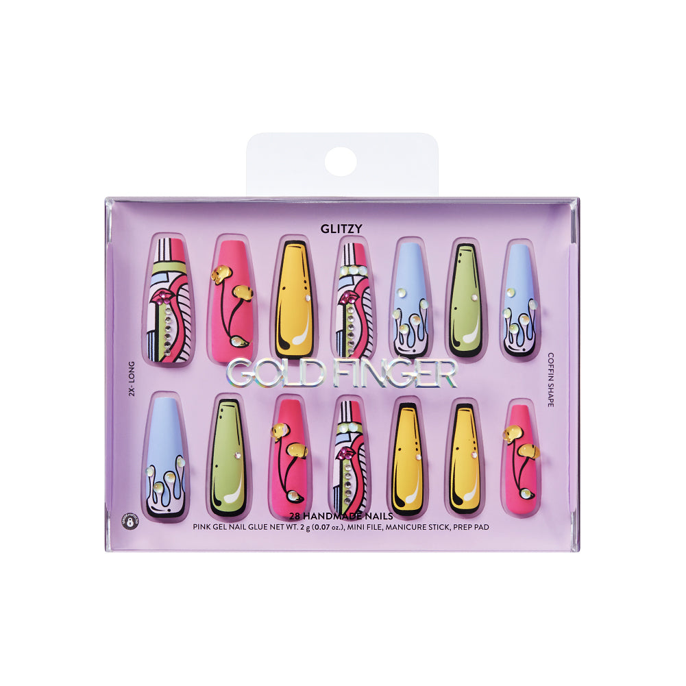 Gold Finger Glitzy 3D Press-On Nails in Countenance – 2X-Long Coffin Fake Nails, Pop Art Comic Design with Rhinestones, Luxury Glue On Nails, 28 Pc Kit, package front.