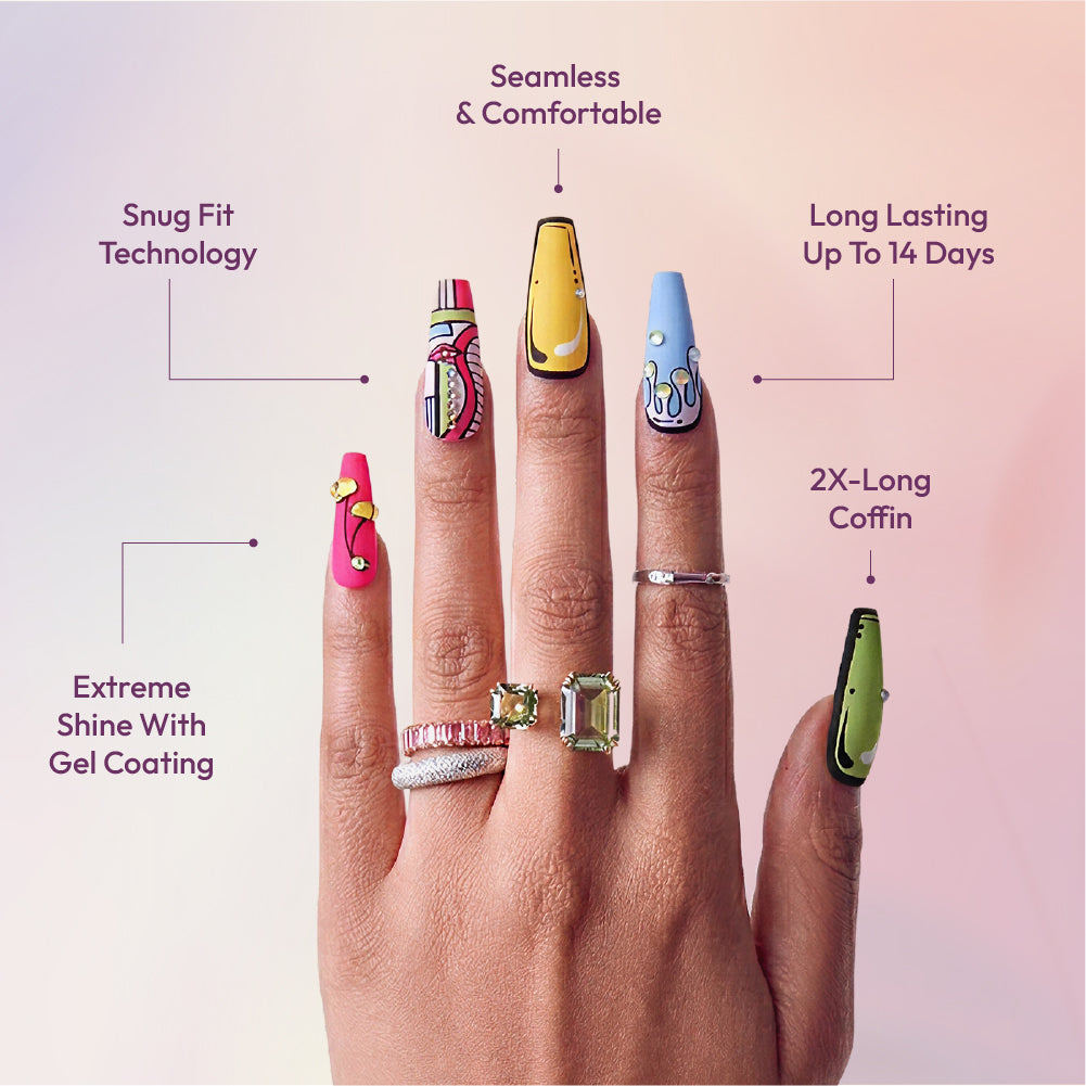 Gold Finger Glitzy 3D Press-On Nails in Countenance – 2X-Long Coffin Fake Nails, Pop Art Comic Design with Rhinestones, Luxury Glue On Nails, 28 Pc Kit product view.