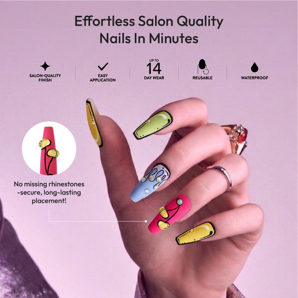 Gold Finger Glitzy 3D Press-On Nails in Countenance – 2X-Long Coffin Fake Nails, Pop Art Comic Design with Rhinestones, Luxury Glue On Nails, 28 Pc Kit product view.