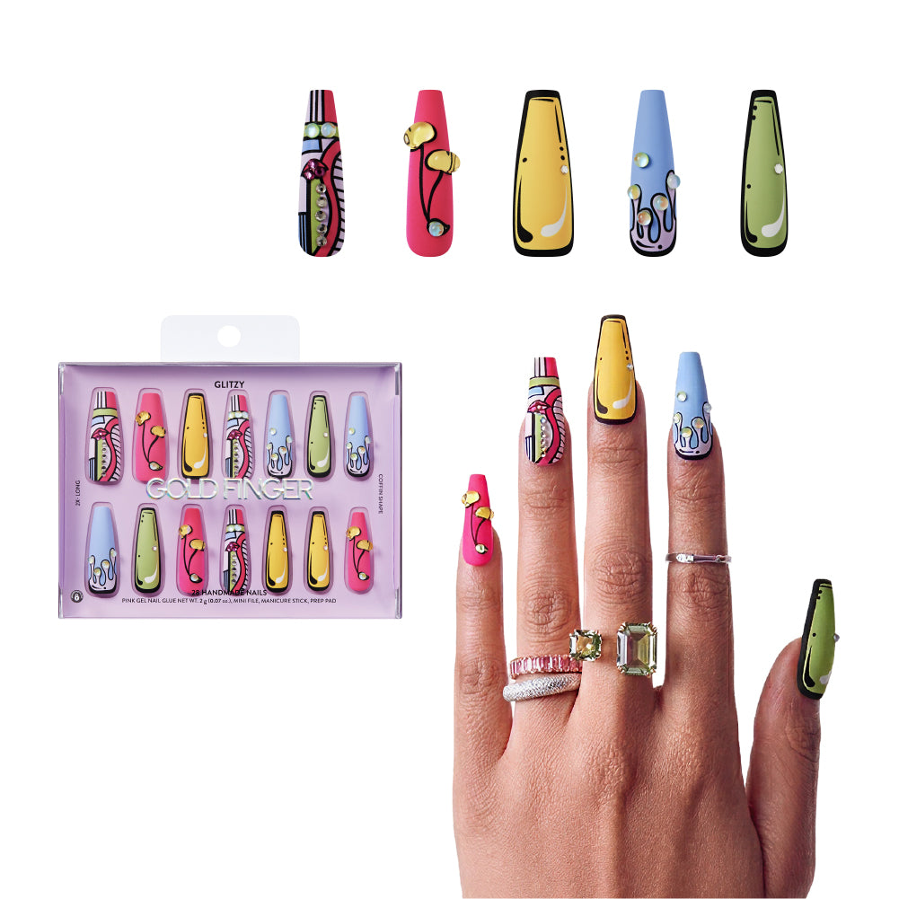 Gold Finger Glitzy 3D Press-On Nails in Countenance – 2X-Long Coffin Fake Nails, Pop Art Comic Design with Rhinestones, Luxury Glue On Nails, 28 Pc Kit, main product view.