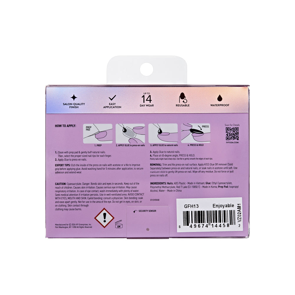 Gold Finger Glitzy 3D Press-On Nails in Enjoyable – Long Oval Fake Nails, Liquid Silver Chrome & Rhinestones, Luxury Glue On Nails, 28 Pc Kit, package back.