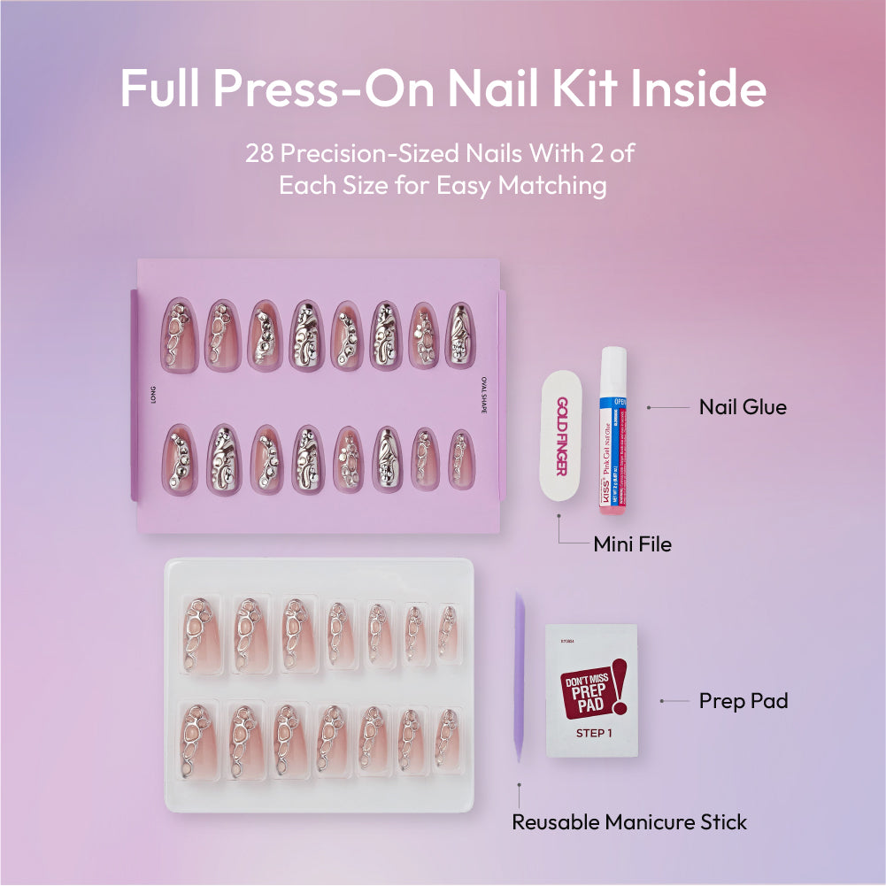 Gold Finger Glitzy 3D Press-On Nails in Enjoyable – Long Oval Fake Nails, Liquid Silver Chrome & Rhinestones, Luxury Glue On Nails, 28 Pc Kit product view.