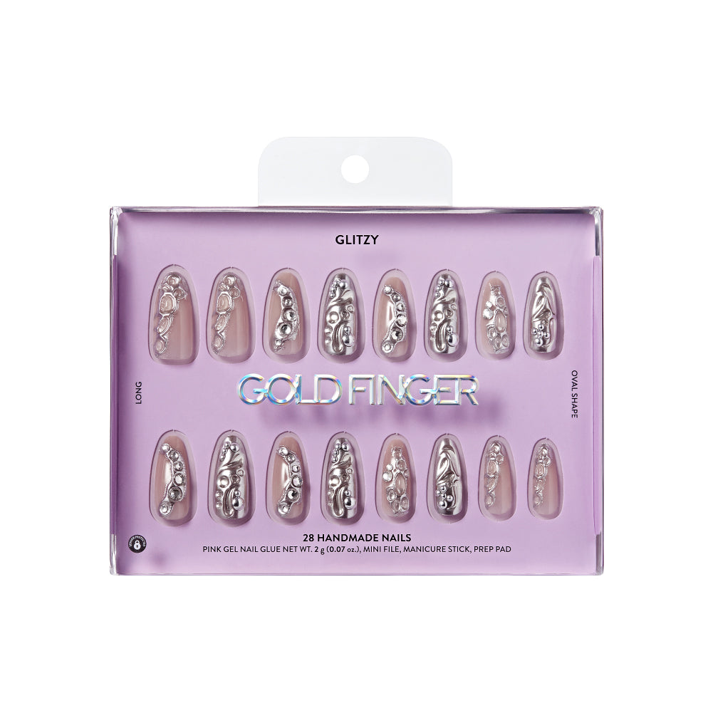 Gold Finger Glitzy 3D Press-On Nails in Enjoyable – Long Oval Fake Nails, Liquid Silver Chrome & Rhinestones, Luxury Glue On Nails, 28 Pc Kit, package front.