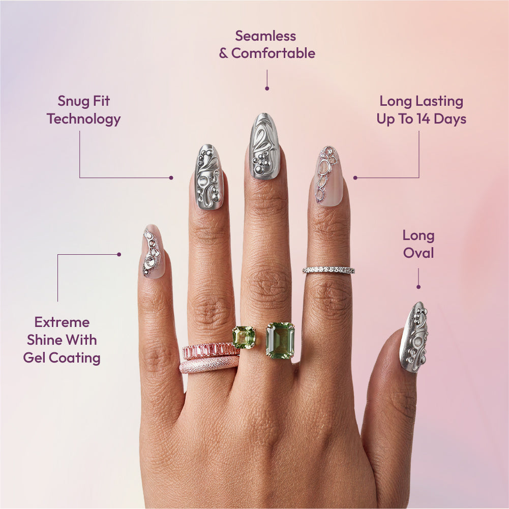 Gold Finger Glitzy 3D Press-On Nails in Enjoyable – Long Oval Fake Nails, Liquid Silver Chrome & Rhinestones, Luxury Glue On Nails, 28 Pc Kit product view.