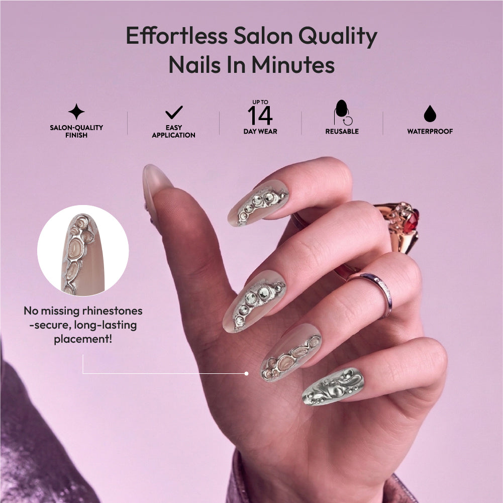 Gold Finger Glitzy 3D Press-On Nails in Enjoyable – Long Oval Fake Nails, Liquid Silver Chrome & Rhinestones, Luxury Glue On Nails, 28 Pc Kit product view.
