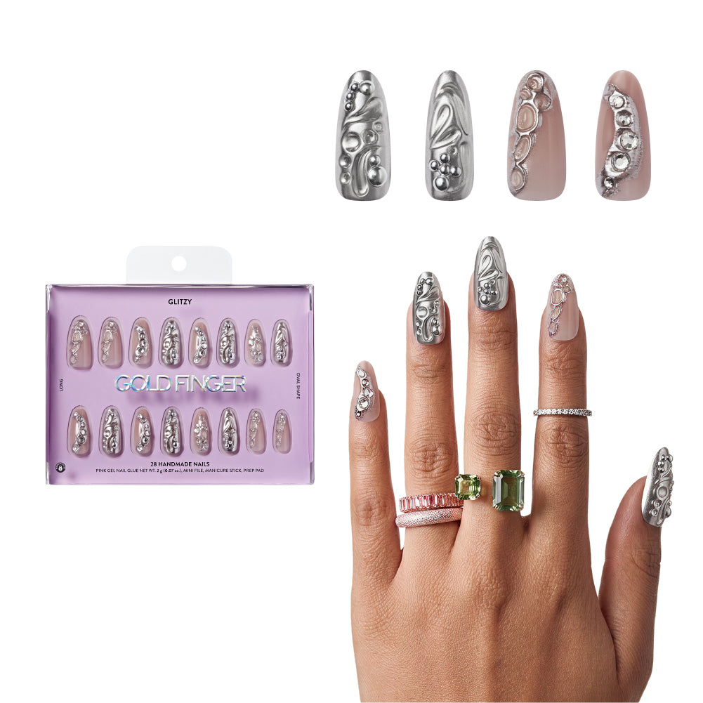 Gold Finger Glitzy 3D Press-On Nails in Enjoyable – Long Oval Fake Nails, Liquid Silver Chrome & Rhinestones, Luxury Glue On Nails, 28 Pc Kit, main product view.