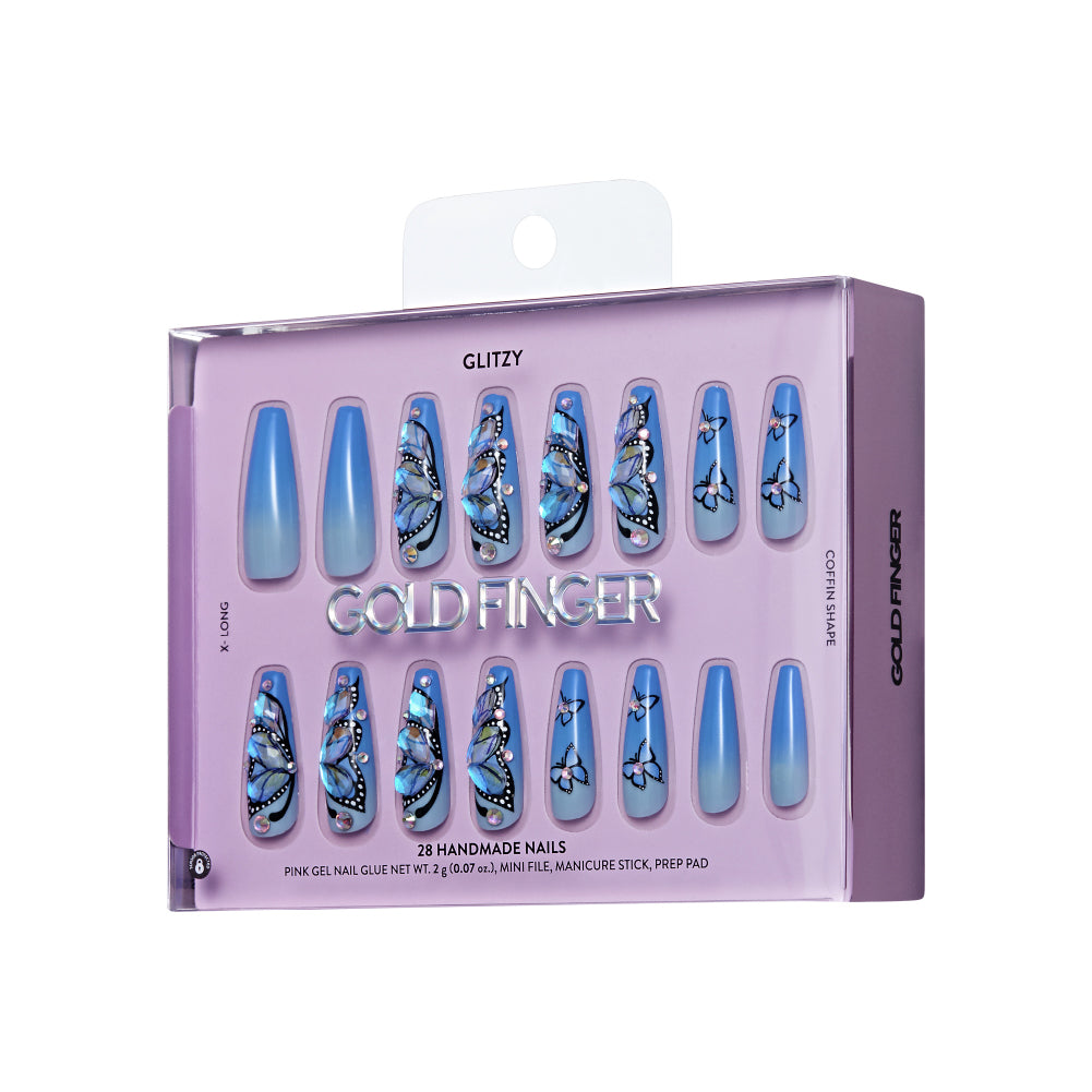 Gold Finger Glitzy 3D Press-On Nails in Heavenly – X-Long Coffin Fake Nails, Blue Ombre Butterfly & Rhinestones, Luxury Glue On Nails, 28 Pc Kit product view.