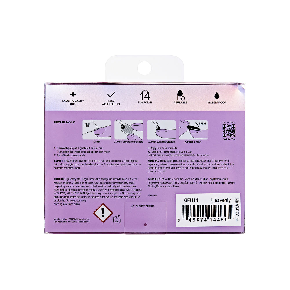Gold Finger Glitzy 3D Press-On Nails in Heavenly – X-Long Coffin Fake Nails, Blue Ombre Butterfly & Rhinestones, Luxury Glue On Nails, 28 Pc Kit, package back.
