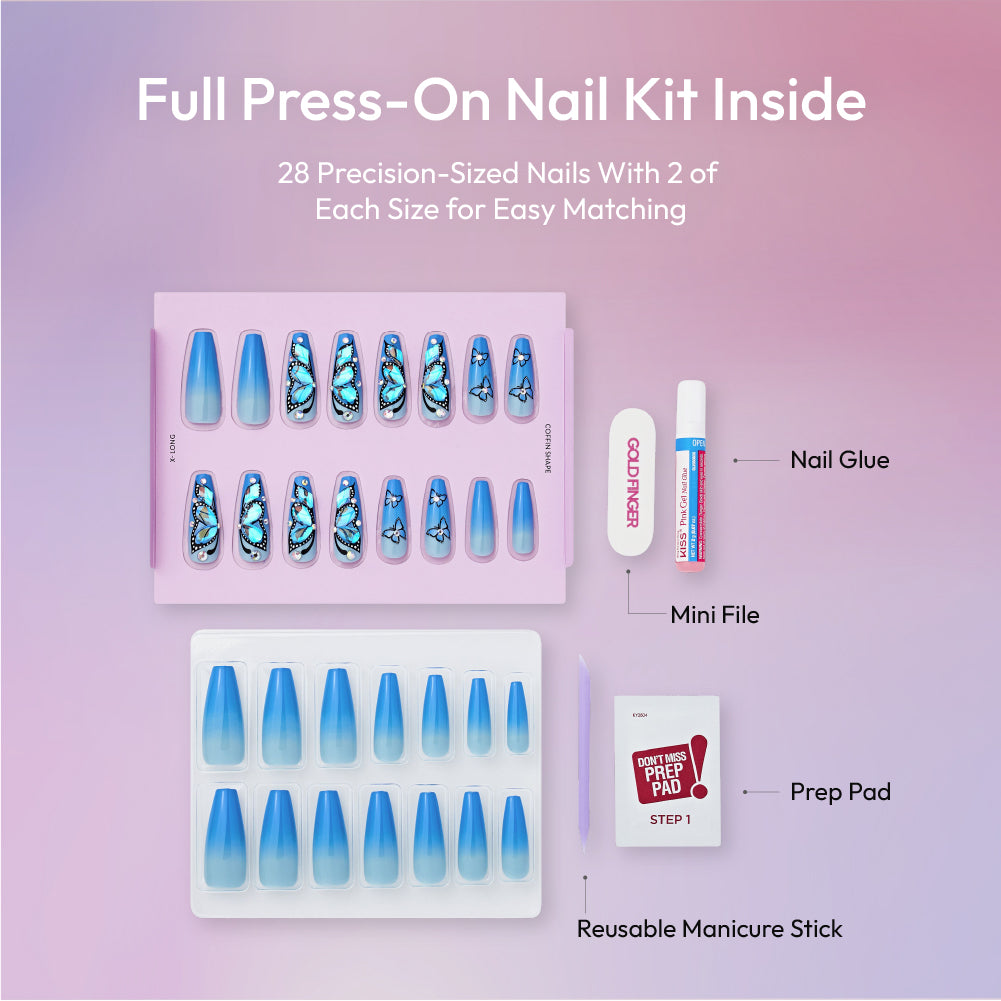 Gold Finger Glitzy 3D Press-On Nails in Heavenly – X-Long Coffin Fake Nails, Blue Ombre Butterfly & Rhinestones, Luxury Glue On Nails, 28 Pc Kit product view.