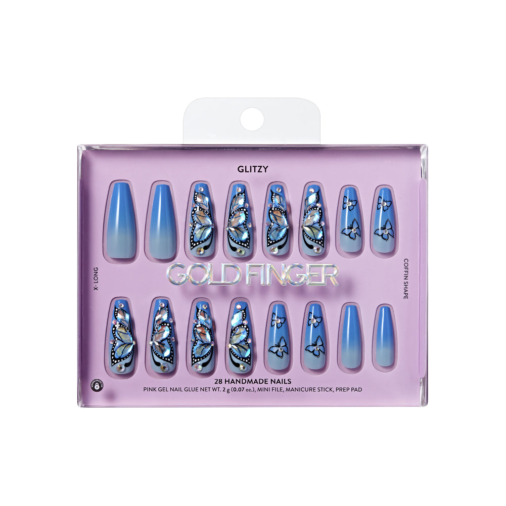 Gold Finger Glitzy 3D Press-On Nails in Heavenly – X-Long Coffin Fake Nails, Blue Ombre Butterfly & Rhinestones, Luxury Glue On Nails, 28 Pc Kit, package front.