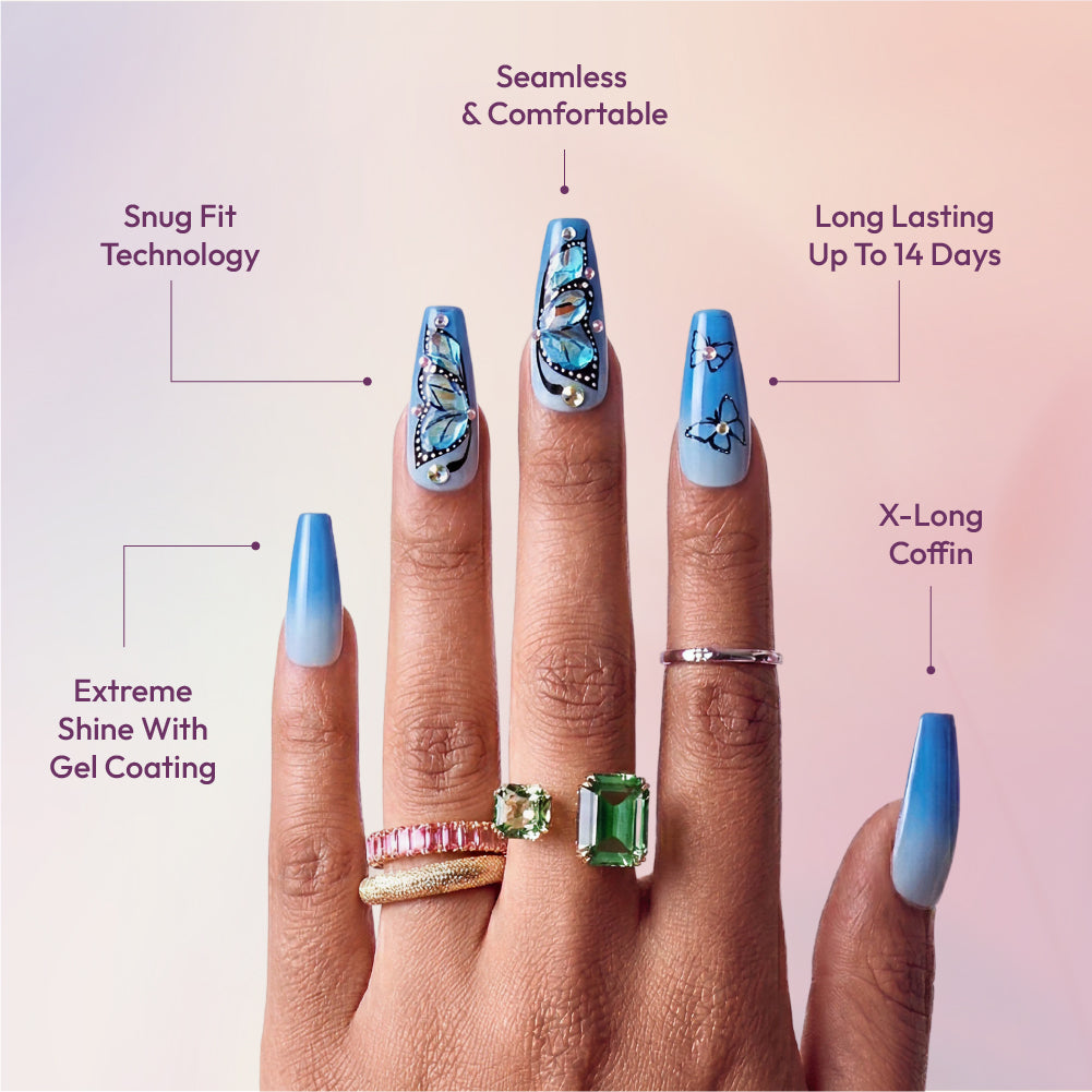 Gold Finger Glitzy 3D Press-On Nails in Heavenly – X-Long Coffin Fake Nails, Blue Ombre Butterfly & Rhinestones, Luxury Glue On Nails, 28 Pc Kit product view.