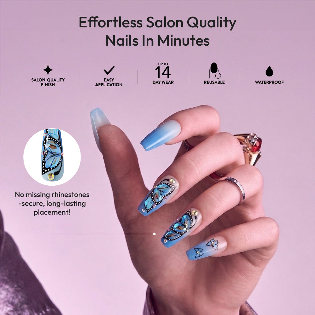 Gold Finger Glitzy 3D Press-On Nails in Heavenly – X-Long Coffin Fake Nails, Blue Ombre Butterfly & Rhinestones, Luxury Glue On Nails, 28 Pc Kit product view.