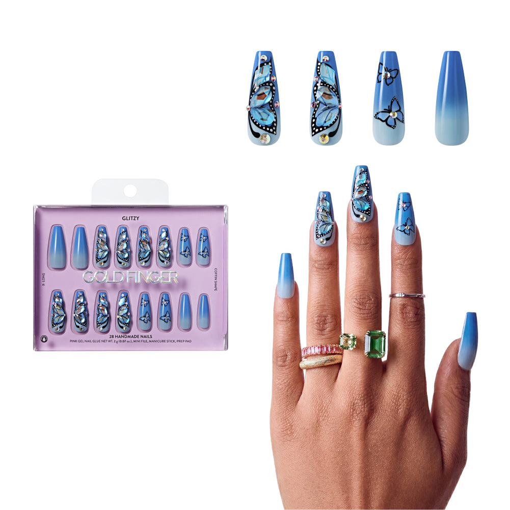 Gold Finger Glitzy 3D Press-On Nails in Heavenly – X-Long Coffin Fake Nails, Blue Ombre Butterfly & Rhinestones, Luxury Glue On Nails, 28 Pc Kit, main product view.
