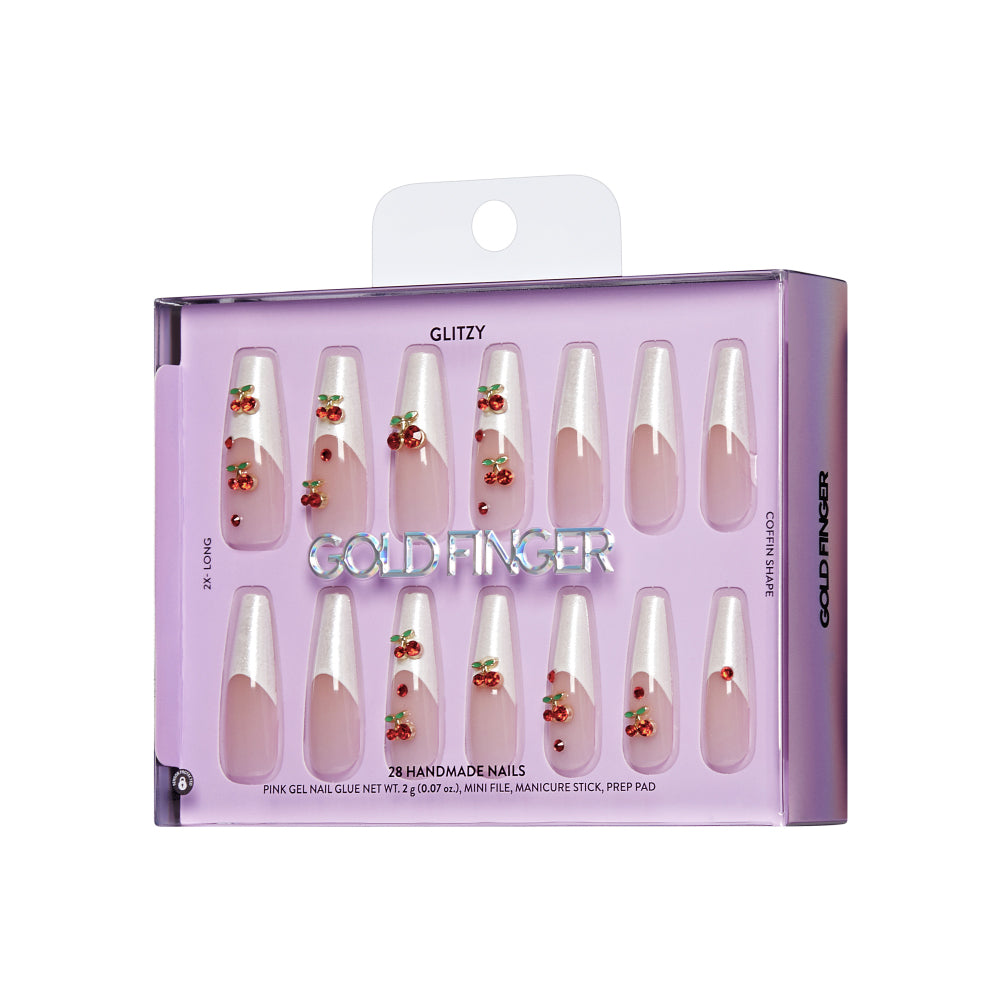 Gold Finger Glitzy 3D Press-On Nails in Delish – 2X-Long Coffin Fake Nails, Pearl French with 3D Cherry Rhinestones, Luxury Glue On Nails, 28 Pc Kit product view.