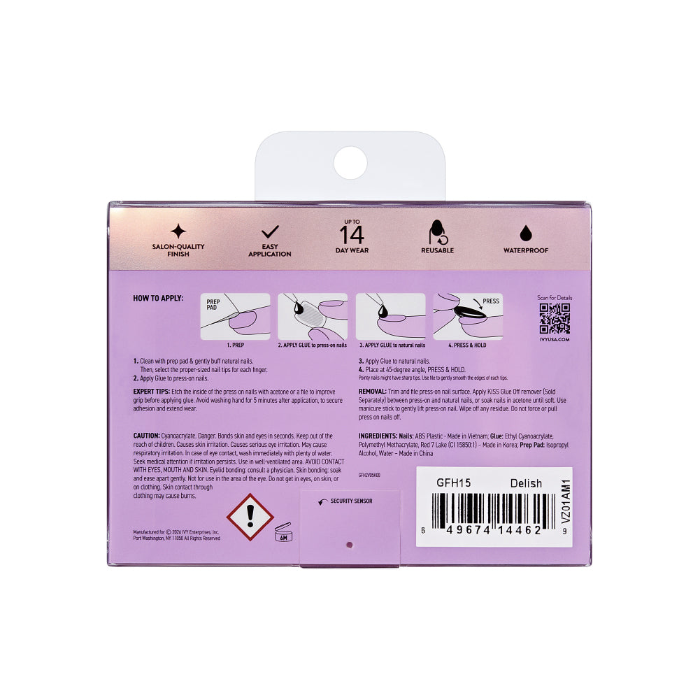Gold Finger Glitzy 3D Press-On Nails in Delish – 2X-Long Coffin Fake Nails, Pearl French with 3D Cherry Rhinestones, Luxury Glue On Nails, 28 Pc Kit, package back.