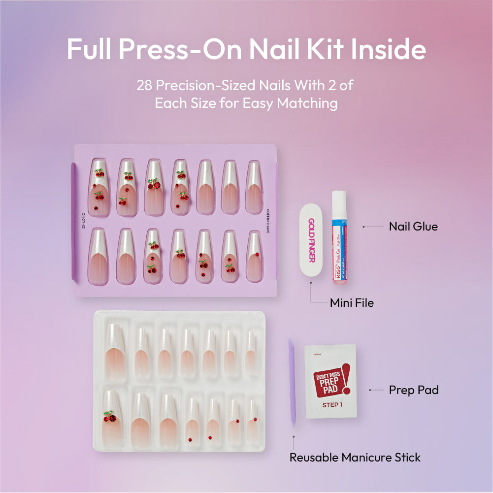 Gold Finger Glitzy 3D Press-On Nails in Delish – 2X-Long Coffin Fake Nails, Pearl French with 3D Cherry Rhinestones, Luxury Glue On Nails, 28 Pc Kit product view.