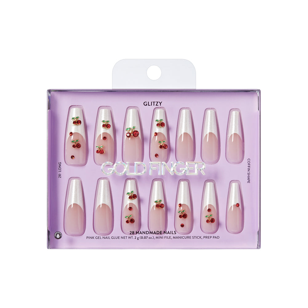 Gold Finger Glitzy 3D Press-On Nails in Delish – 2X-Long Coffin Fake Nails, Pearl French with 3D Cherry Rhinestones, Luxury Glue On Nails, 28 Pc Kit, package front.
