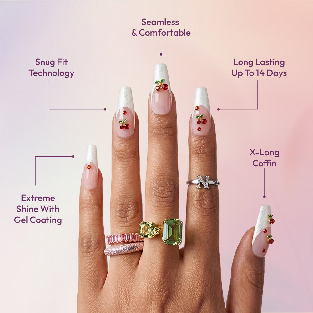 Gold Finger Glitzy 3D Press-On Nails in Delish – 2X-Long Coffin Fake Nails, Pearl French with 3D Cherry Rhinestones, Luxury Glue On Nails, 28 Pc Kit product view.